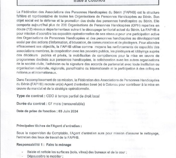 Avis de recrutement d’un(e) Agent d’entretien