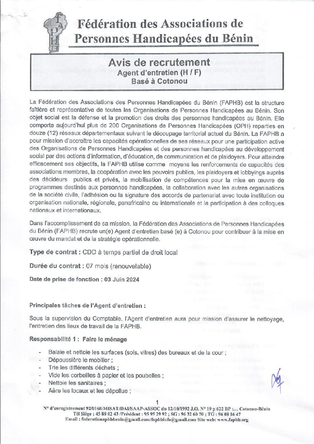 Avis de recrutement d’un(e) Agent d’entretien