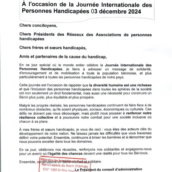 Message du Président de la Fédération des Associations de Personnes Handicapées du Bénin (FAPHB)