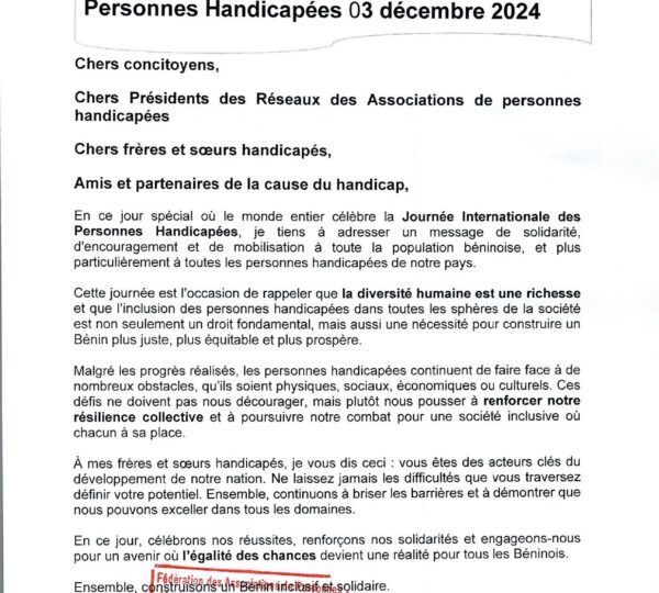 Message du Président de la Fédération des Associations de Personnes Handicapées du Bénin (FAPHB)
