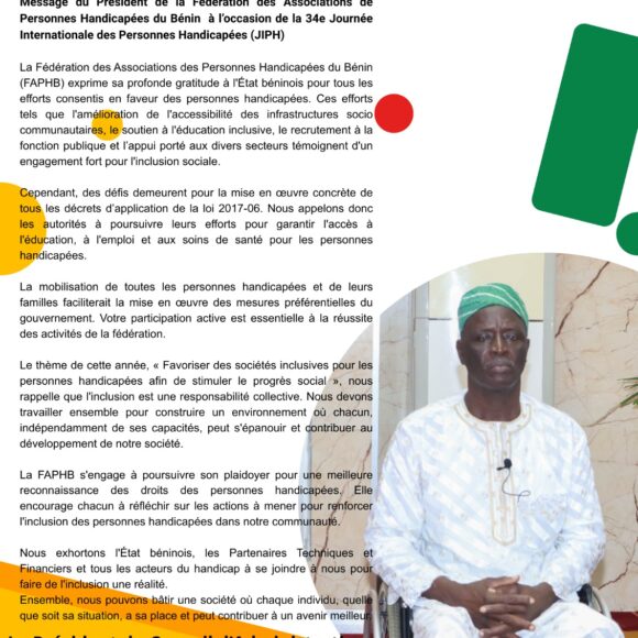 Message du Président de la FAPHB à l’occasion de la 34ème Journée Internationale des Personnes Handicapées