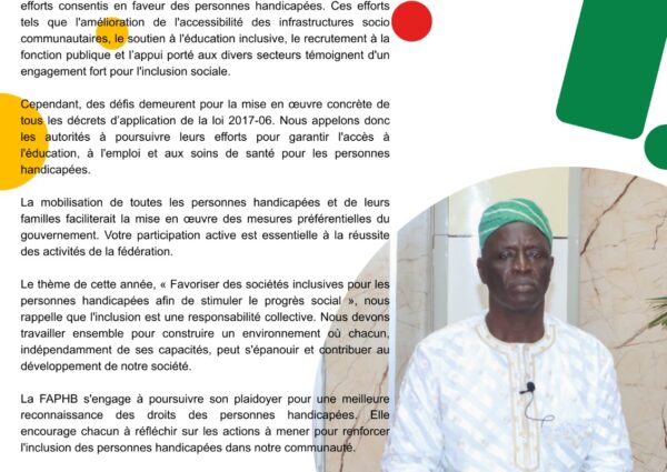 Message du Président de la FAPHB à l’occasion de la 34ème Journée Internationale des Personnes Handicapées