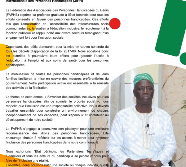 Message du Président de la FAPHB à l’occasion de la 34ème Journée Internationale des Personnes Handicapées